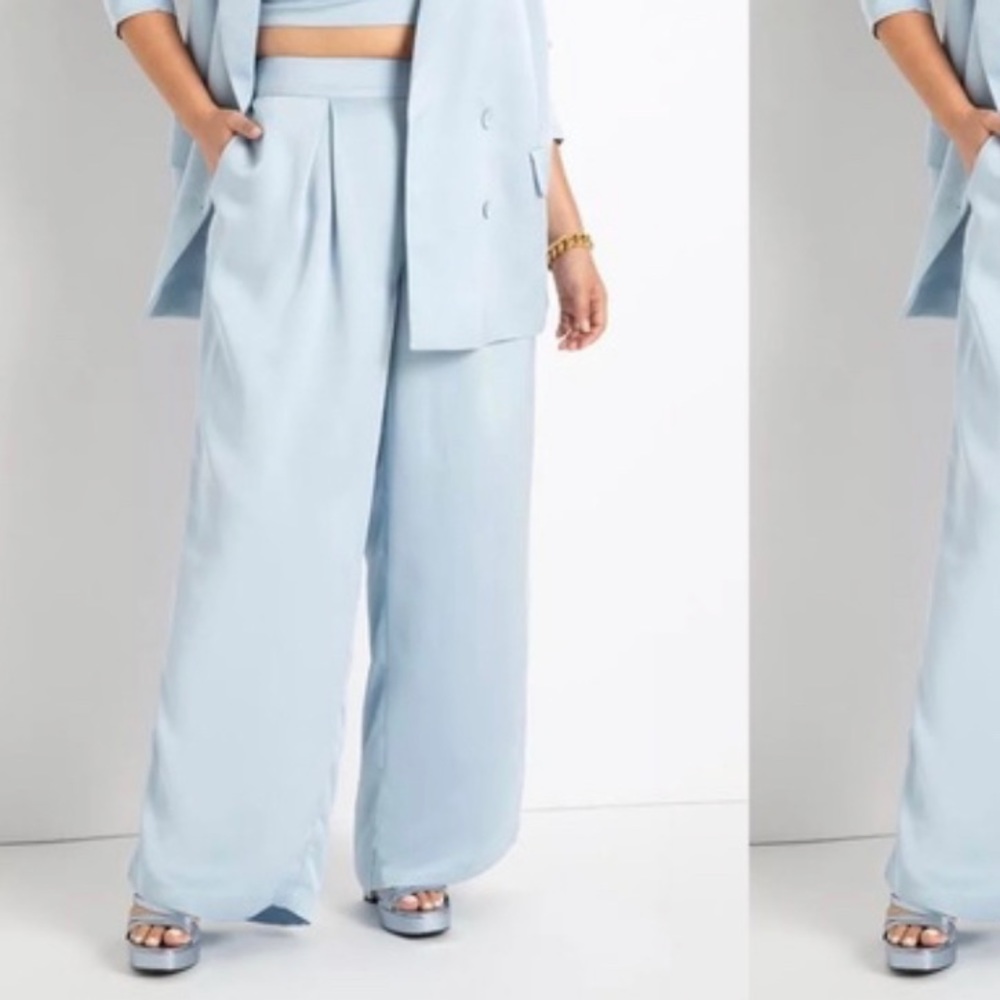 Eloquii Wide Leg Satin Pleated Trousers in Baby Blue NWT